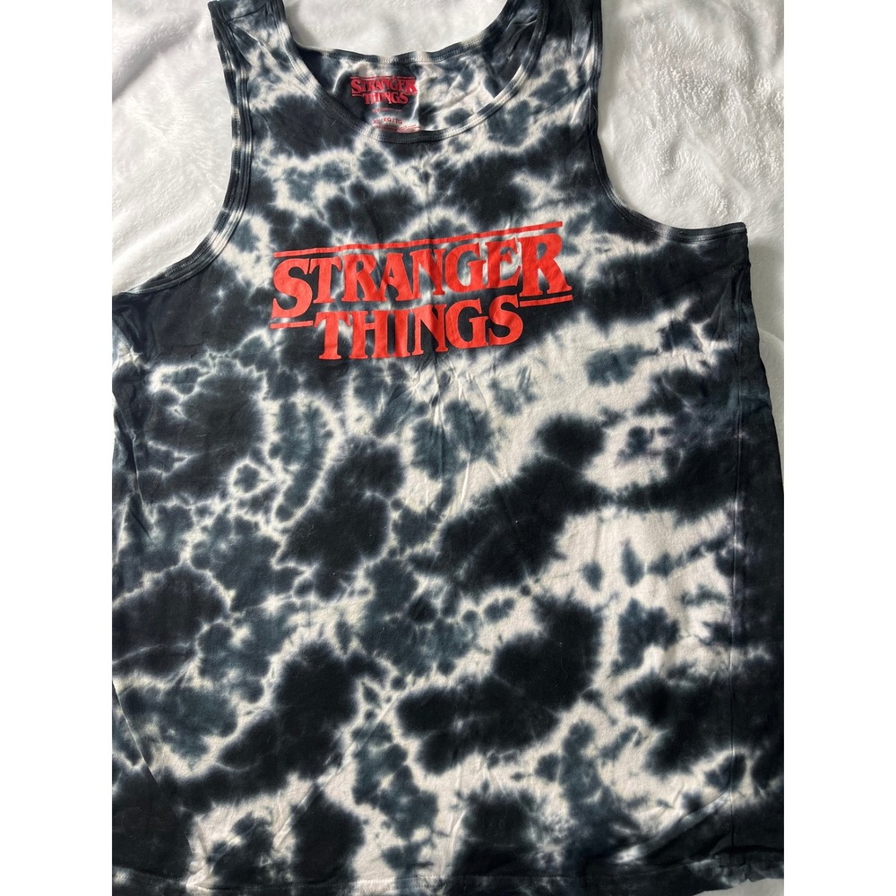 Stranger Things Mad Engine Mens XL Tank Top Black White Tie Dye Red Logo Graphic